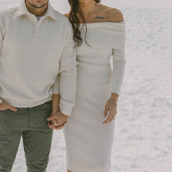 Merokeety Off the Shoulder Long Sleeve Cream Midi Dress - Picture 3 of 10